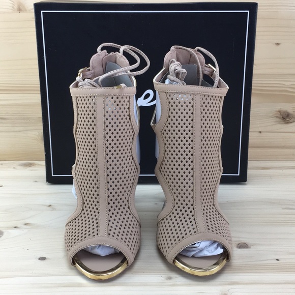 Qupid Interest-125 Taupe Perforated Gladiator Lace - Picture 4 of 8